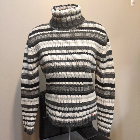 90s Esprit grey stripe wool turtleneck sweater chunky knit stripe sweater - Picture 2 of 9